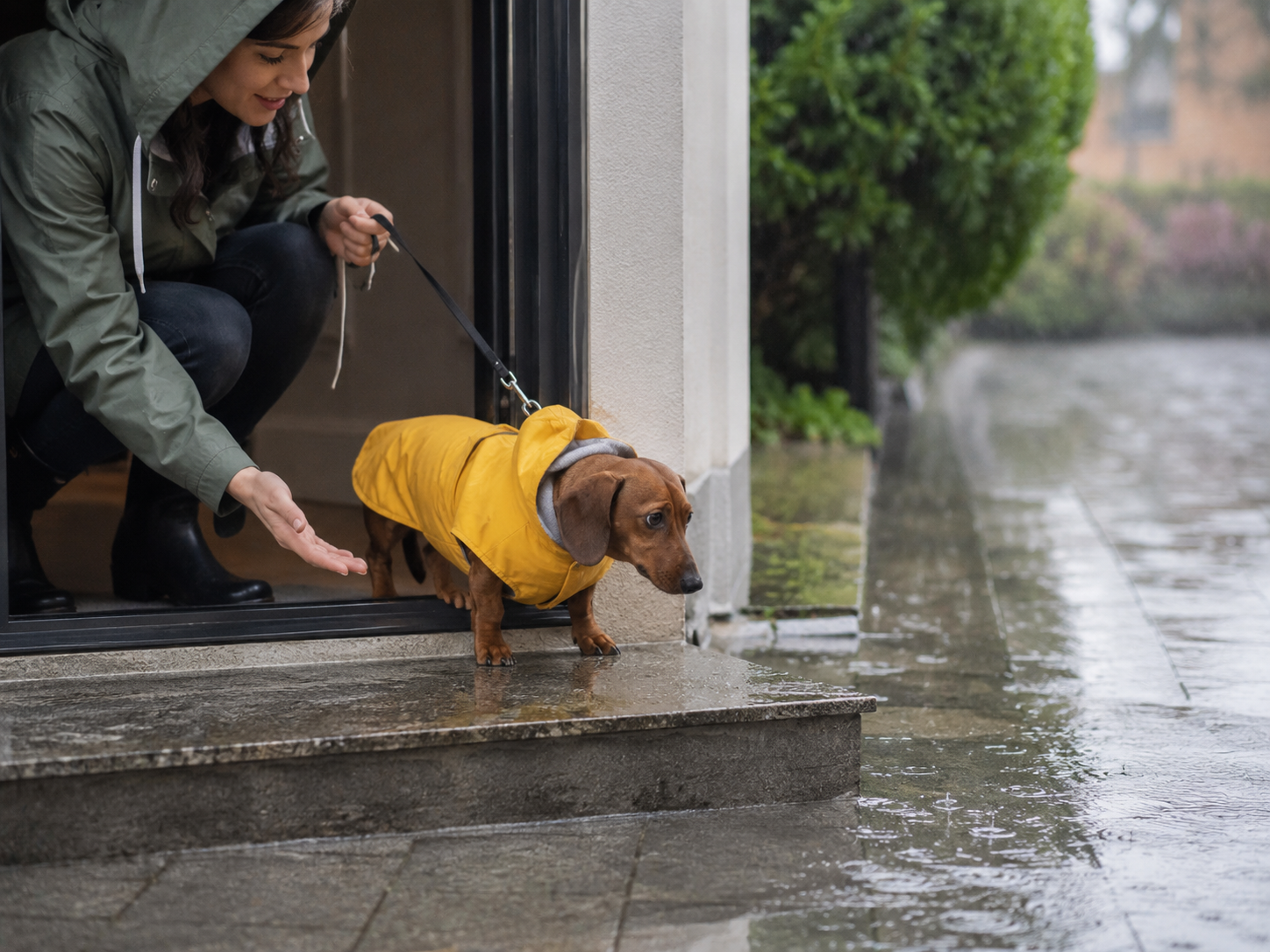 Owner gently drying a dog's paws after a rainy walk