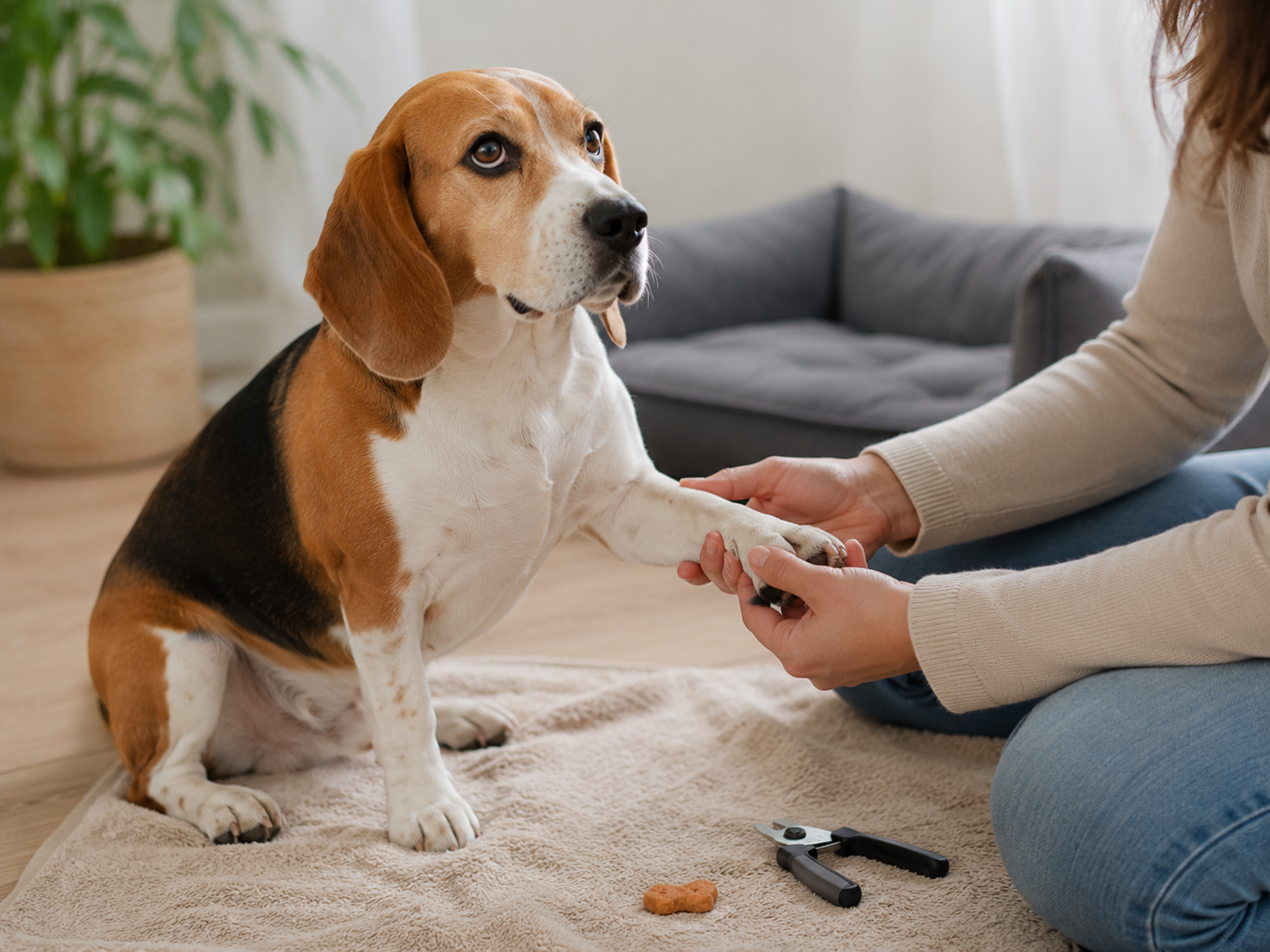Dog calmly accepting gentle paw handling before nail care