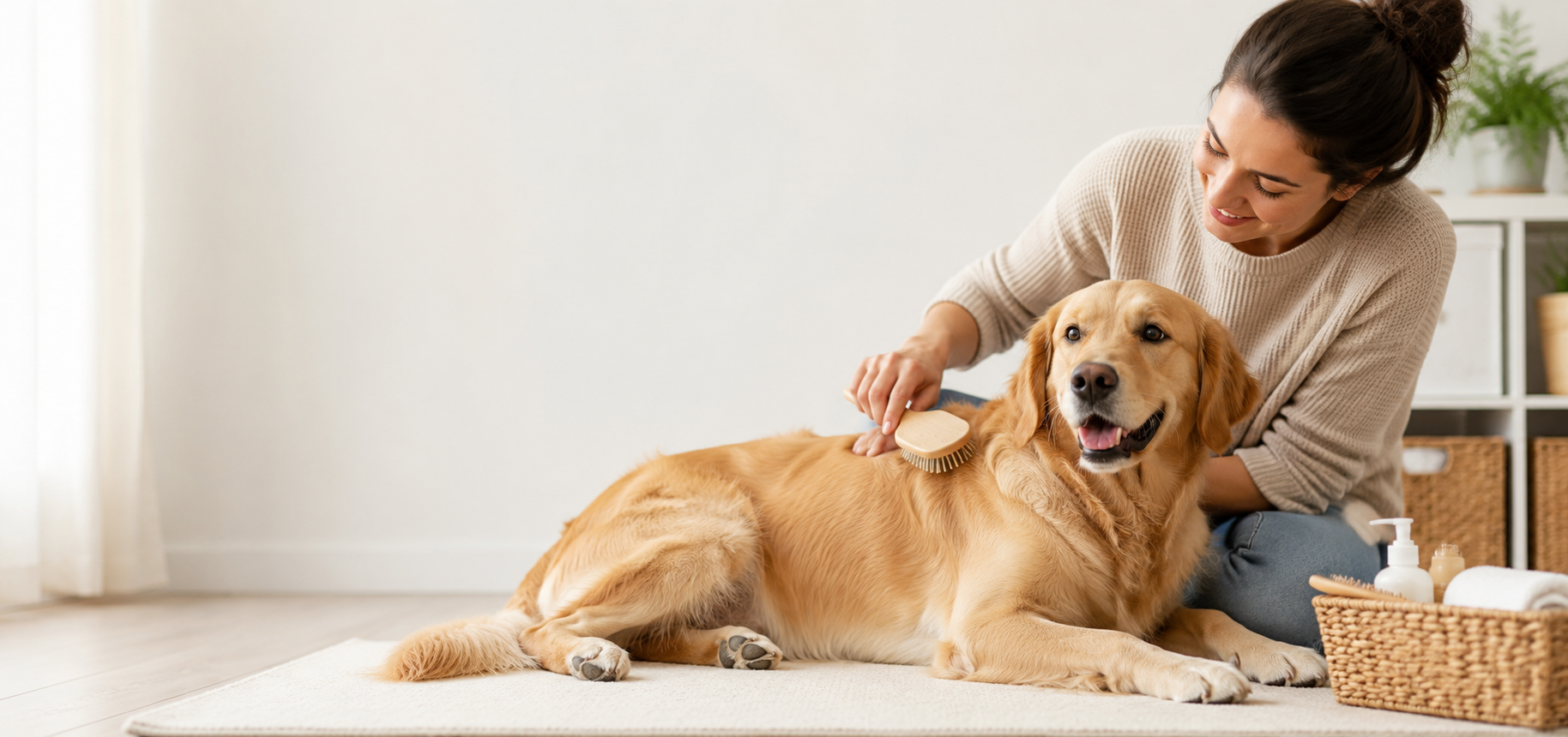 Calm dog receiving gentle brushing during a low-stress home grooming routine