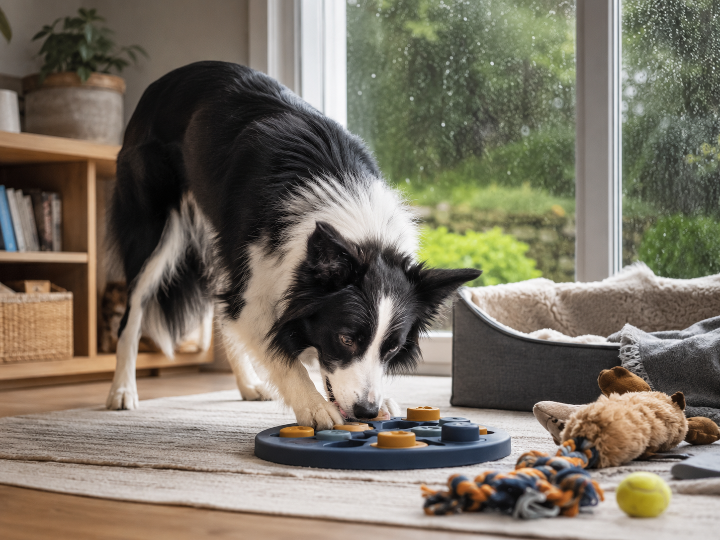 Dog enjoying a calm supervised indoor enrichment activity on a rainy day