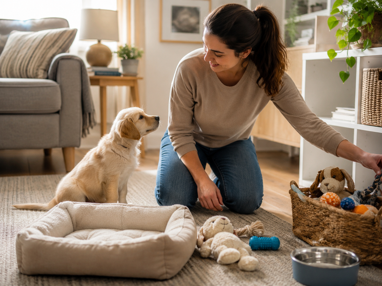 Young puppy learning calm daily routines during the first week at home