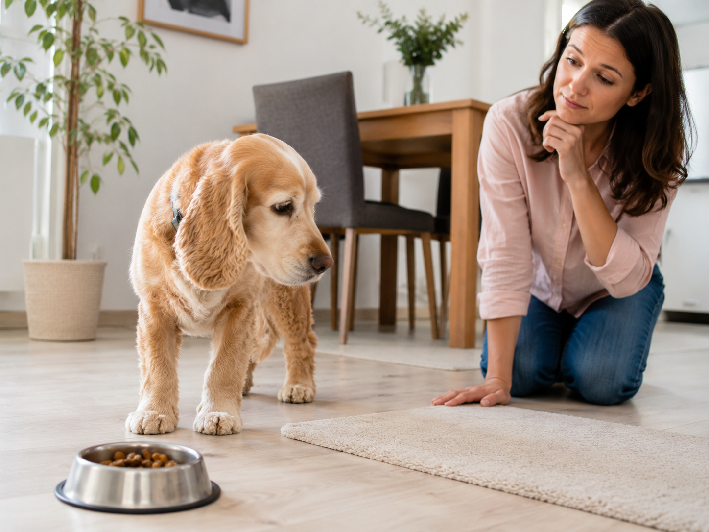 Dog owner gently observing a dog and preparing useful information for a veterinary call