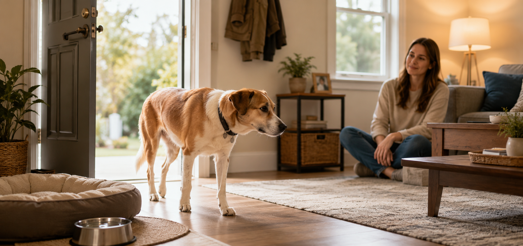 Rescue dog settling calmly into a safe new home during the first month