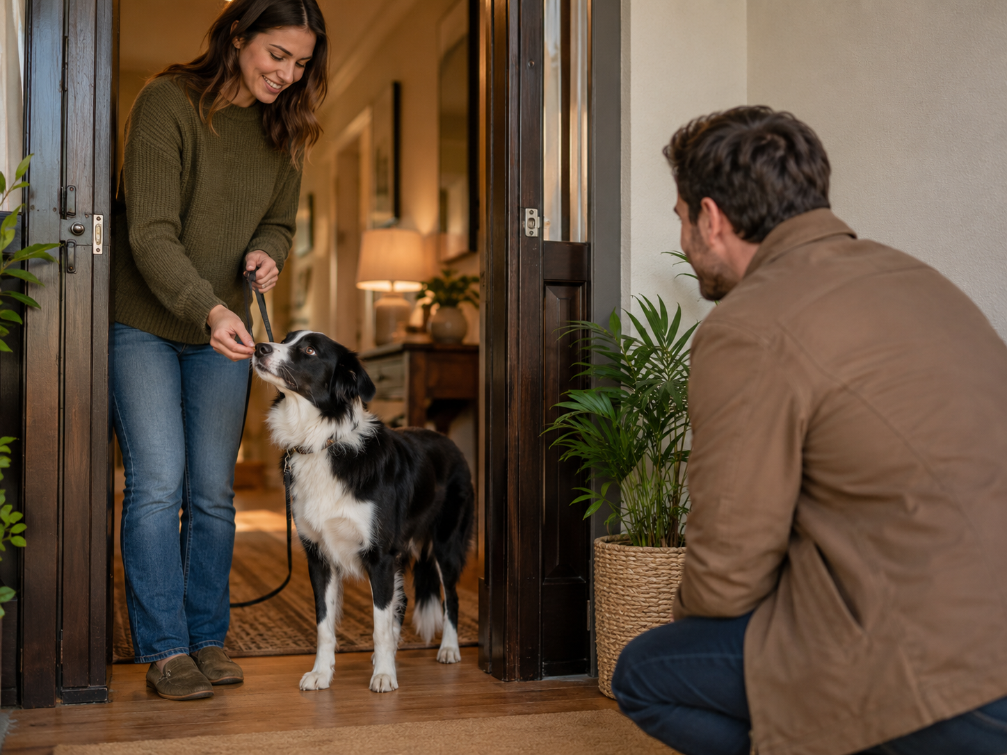 Dog and owner using distance and a calm setup during a visitor introduction
