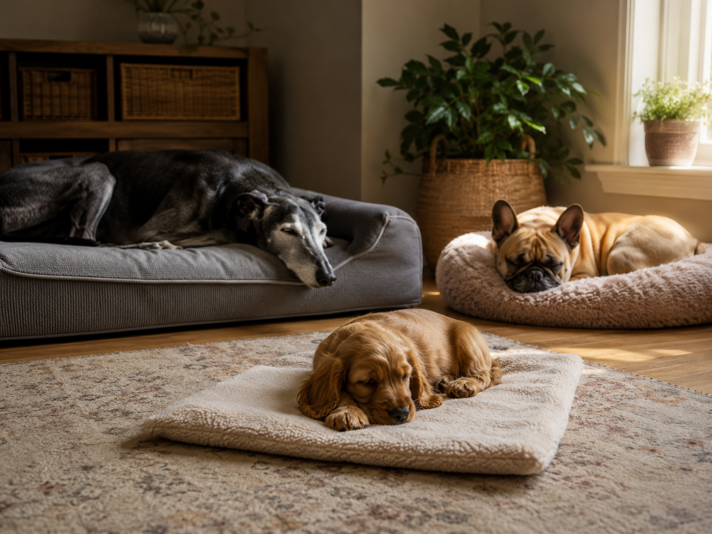 Two dogs resting comfortably in separate quiet spaces in the same home