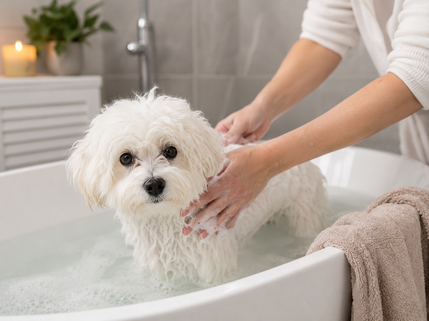 Dog receiving a calm bath on a stable non-slip surface