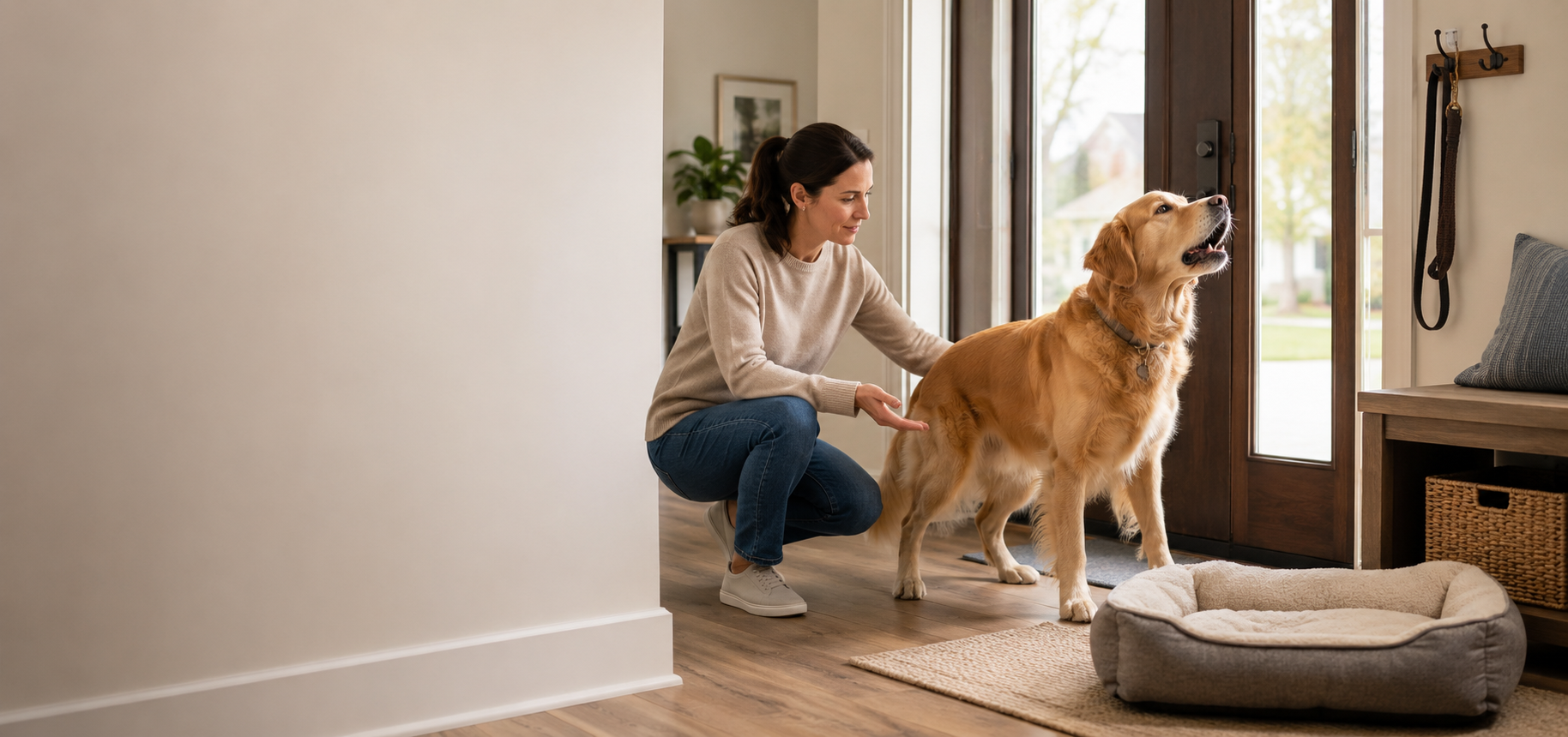 Dog owner calmly working on barking behavior using reward-based training