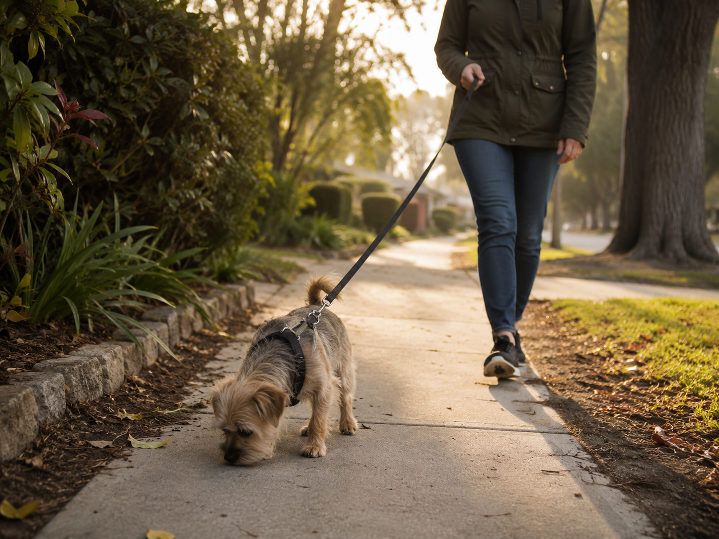 Rescue dog taking a short calm secure walk with its new owner