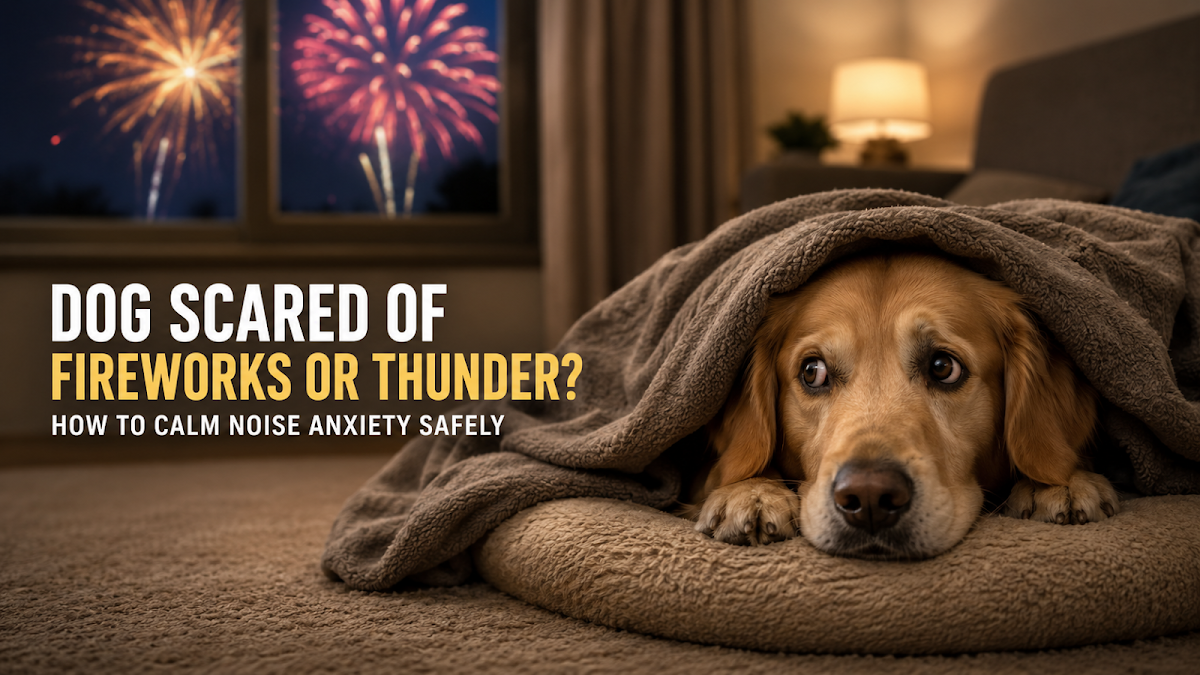 Dog scared of fireworks or thunder resting under a blanket in a calm indoor safe space