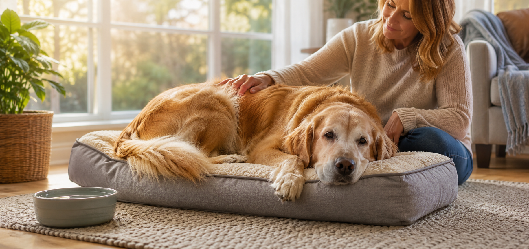 Senior dog resting comfortably at home with thoughtful daily care