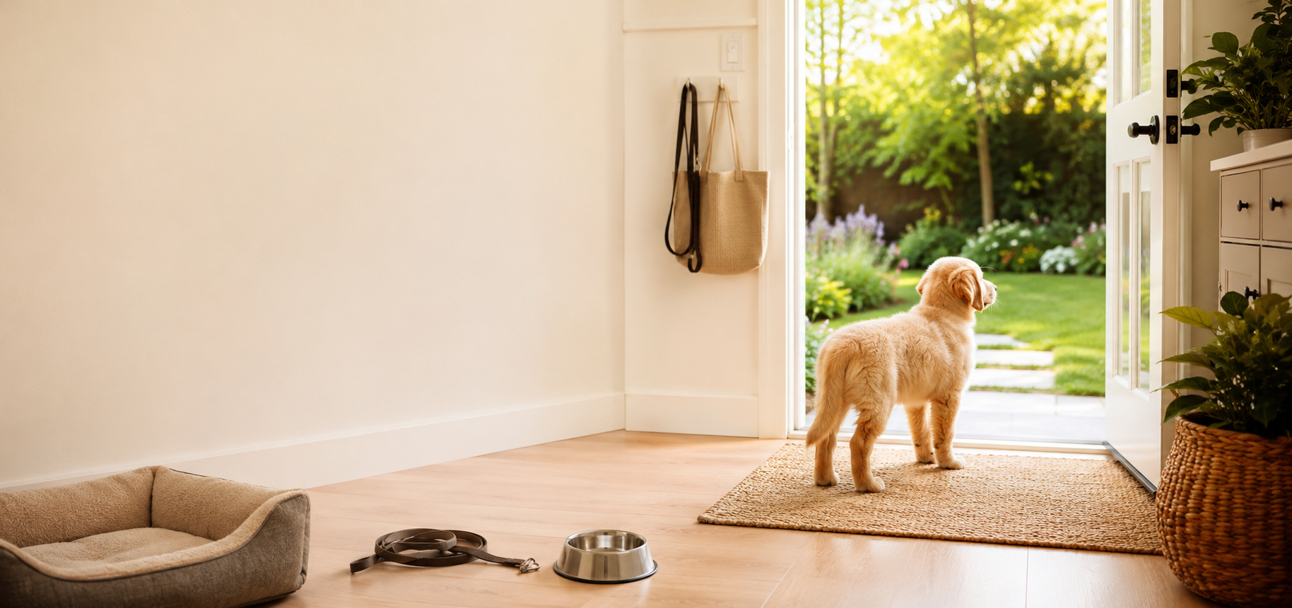Puppy learning a consistent outdoor potty training routine