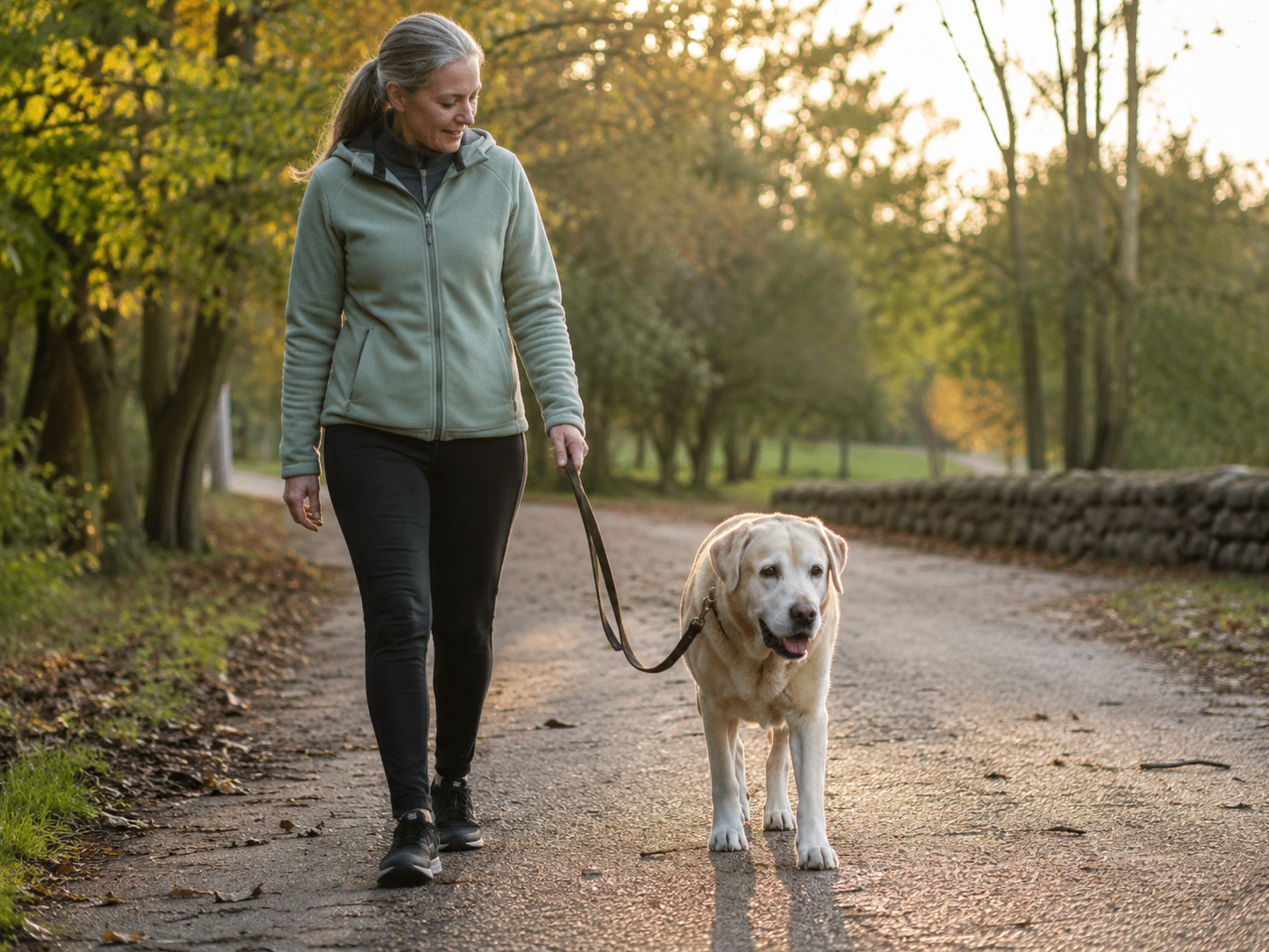 Senior dog enjoying a comfortable low-pressure walk with its owner