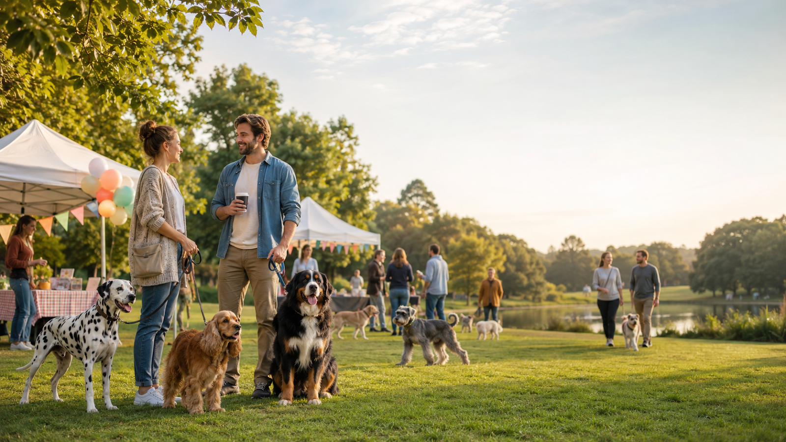 Dog owners and dogs at a friendly outdoor dog event